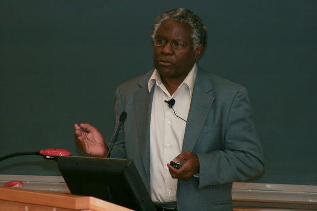 Harvard University professor Calestous Juma delivered a lecture about science, technology and diplomacy in the Haldeman Center on Wednesday.