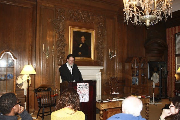Martin Espada read samples of his poetry and prose, rife with religious symbolism, in Sanborn yesterday.