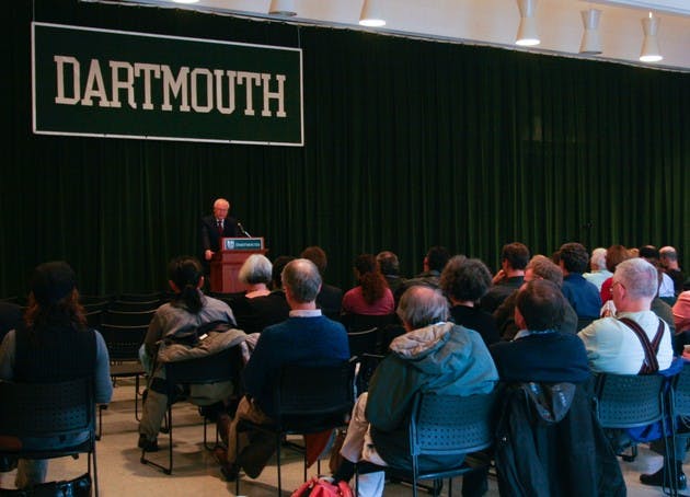 College President James Wright addresses the College's budgetary priorities in the face of the economic downturn during a faculty meeting on Monday.