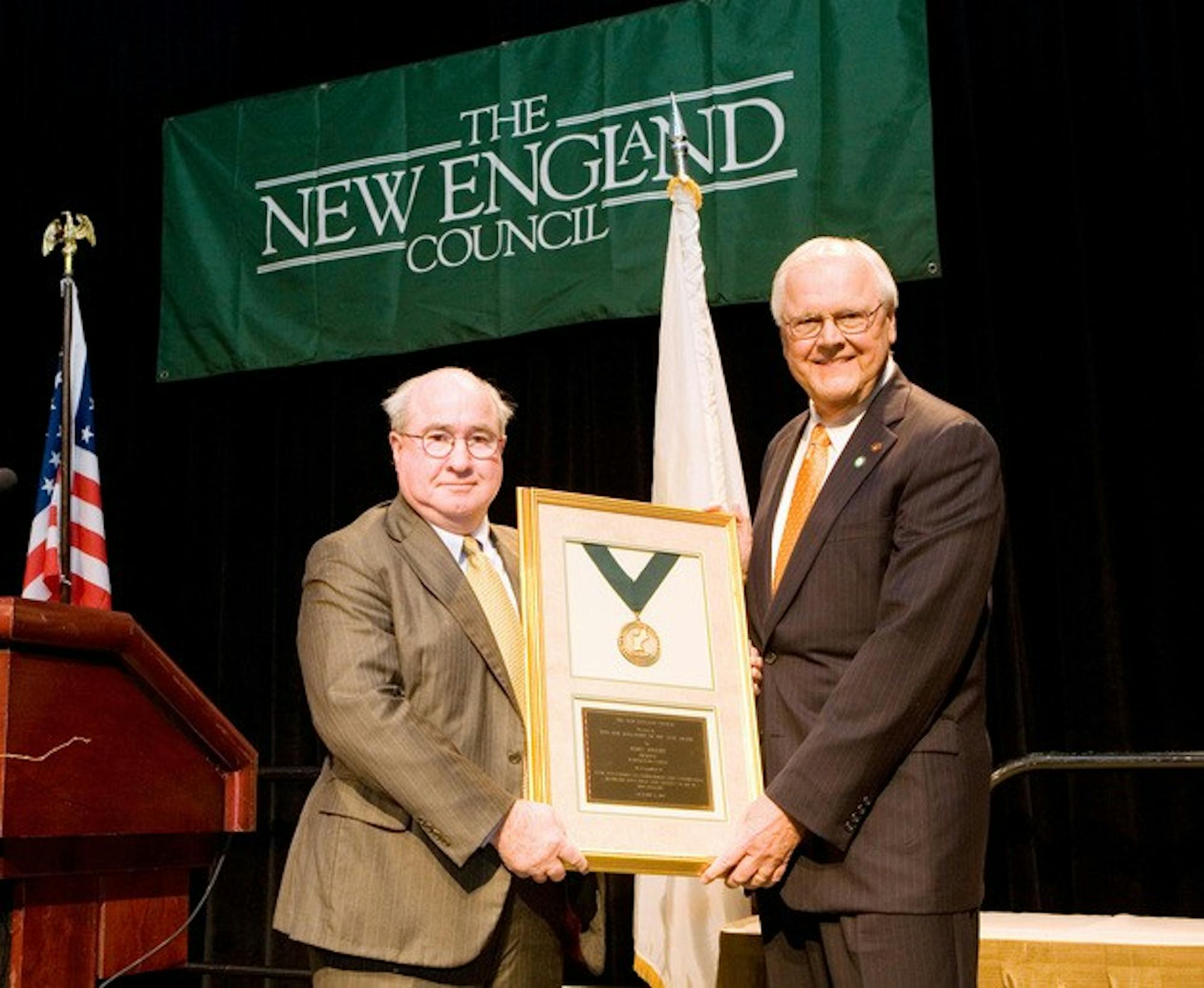 College President James Wright received a New Englander of the Year award last night for his efforts to help send wounded veterans to college.
