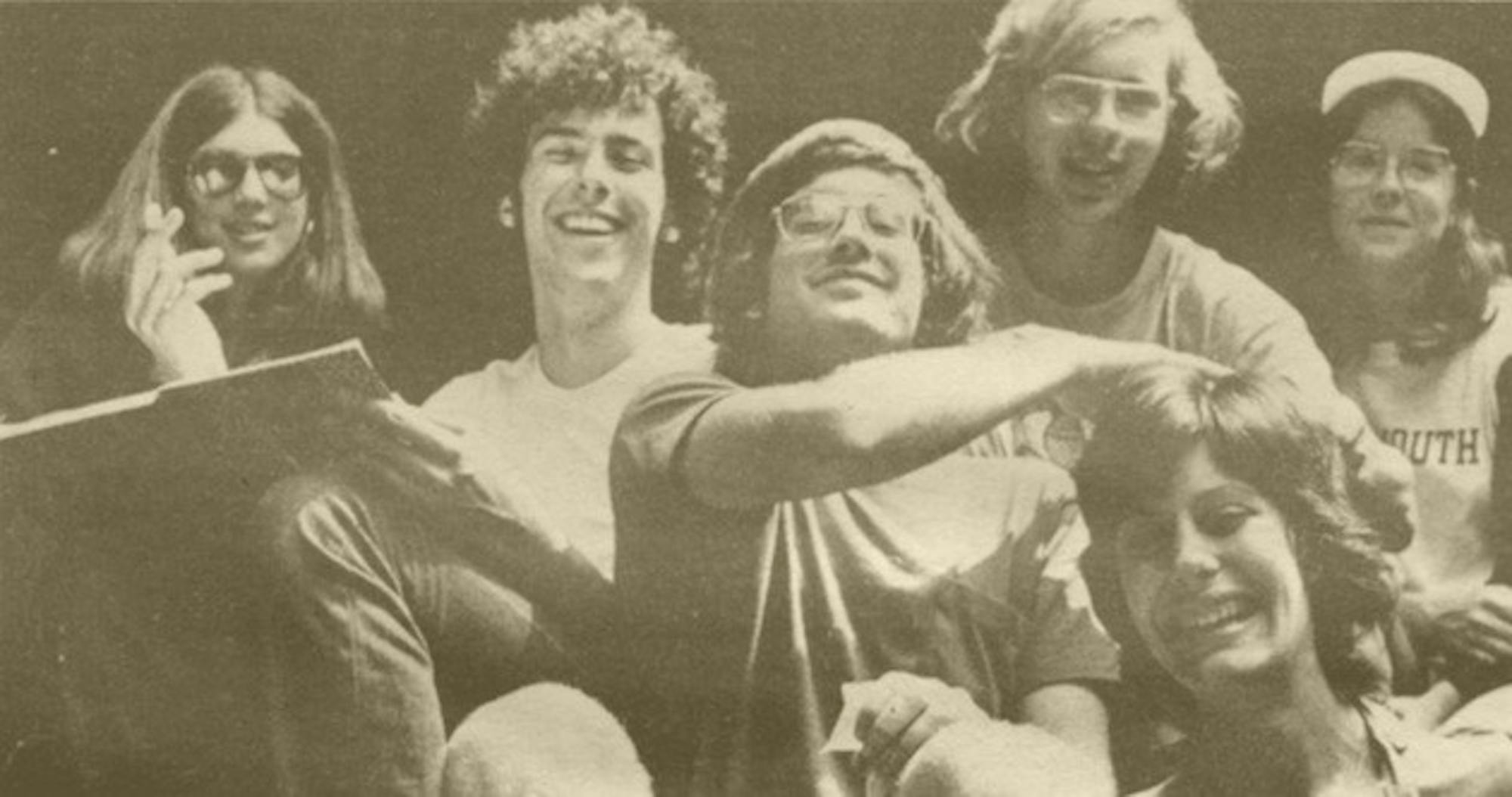 A group of Dartmouth students pose for a photo while on a trip to Moosilauke in the summer of 1974.