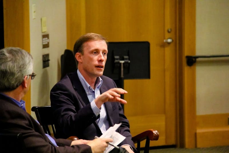 Jake Sullivan discusses foreign policy with then-Dickey Center director Daniel Benjamin during his term as a Montgomery Fellow in winter 2019.