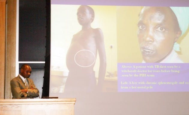 Dar tmouth Medical School student Deogratias Niyizonkiza speaks to students about his experience working with global health issues.