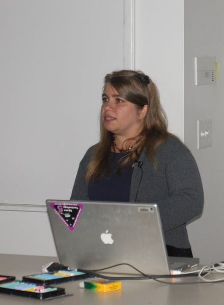 NASA solar physicist Barbara Thompson explains variations in the sun's magnetism at a Tuesday lecture in Wilder Hall.