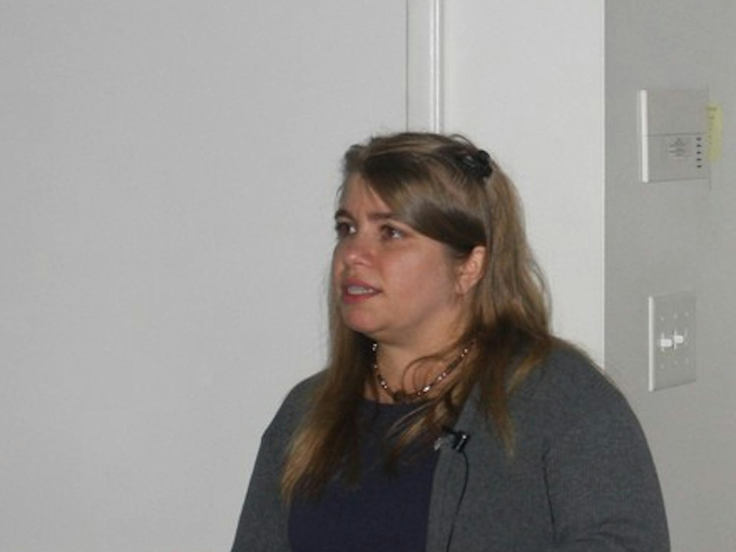 NASA solar physicist Barbara Thompson explains variations in the sun's magnetism at a Tuesday lecture in Wilder Hall.