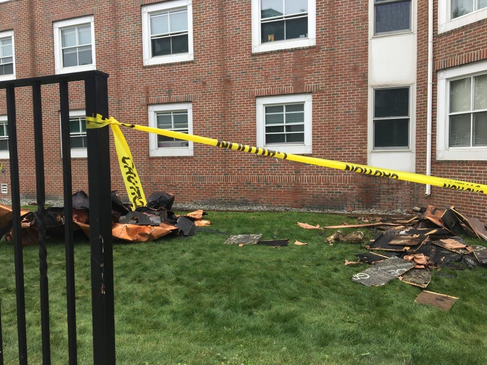 Pieces of Morton Hall roof on the ground Saturday afternoon.&nbsp;