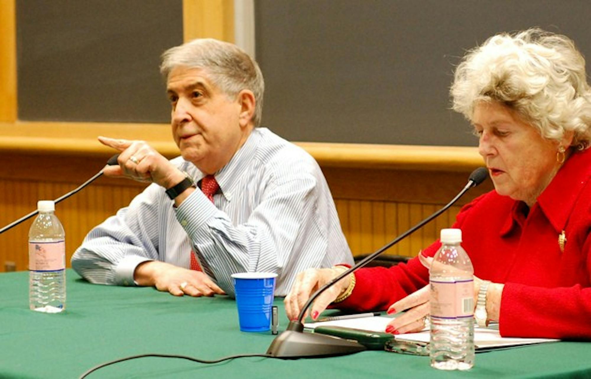 Former congressmen Rep. Mickey Edwards, R-Okla., and Rep. Beverly Byron, D-Md., discuss perceived partisanship in current political efforts at a Congress to Campus discussion Monday afternoon at the Rockefeller Center.