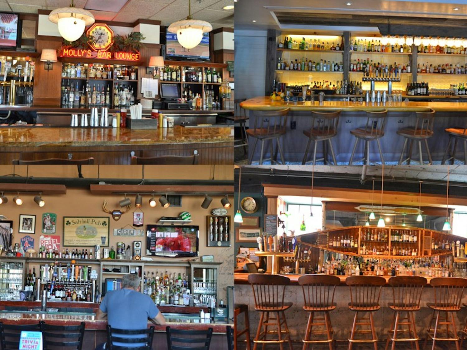 Clockwise from top left: The bars at Molly’s Restaurant, Candela tapas bar, the Canoe Club and Salt Hill pub, all of which are popular amongst students.