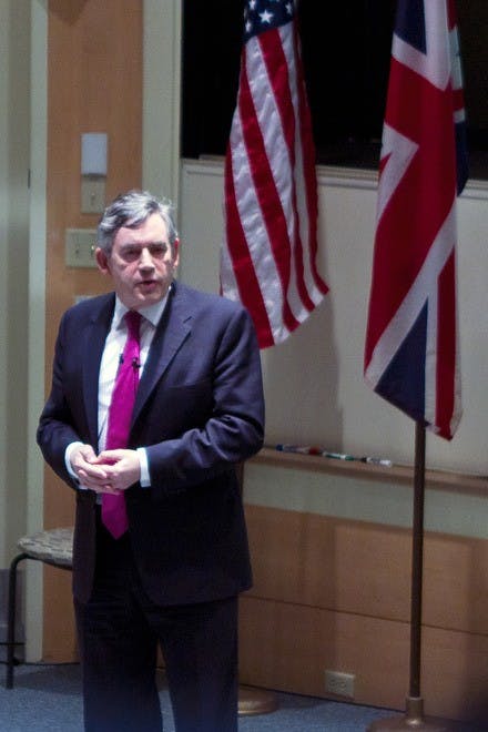 Former U.K. Prime Minister Gordon Brown discussed the global economy's prospects in a packed lecture held Tuesday in Cook Auditorium.
