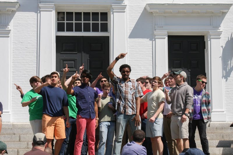 The Dartmouth Aires are one of the College’s all-male a cappella groups, pictured here performing at Dartmouth Hall.