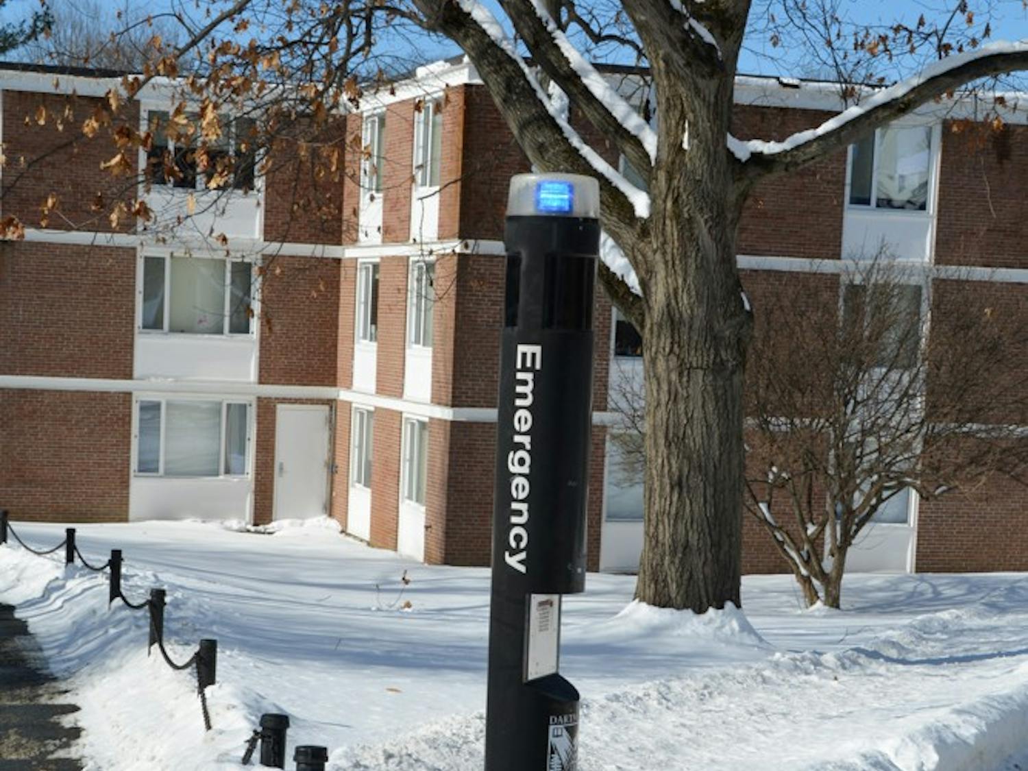 Blue Light System stations are positioned throughout campus and summon assistance when the button is pressed.