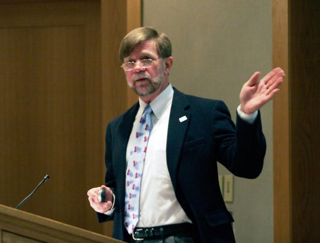 Nils Daulaire, MD, president and CEO of the Global Health Council, spoke on AIDS education Sunday in Filene Auditorium.