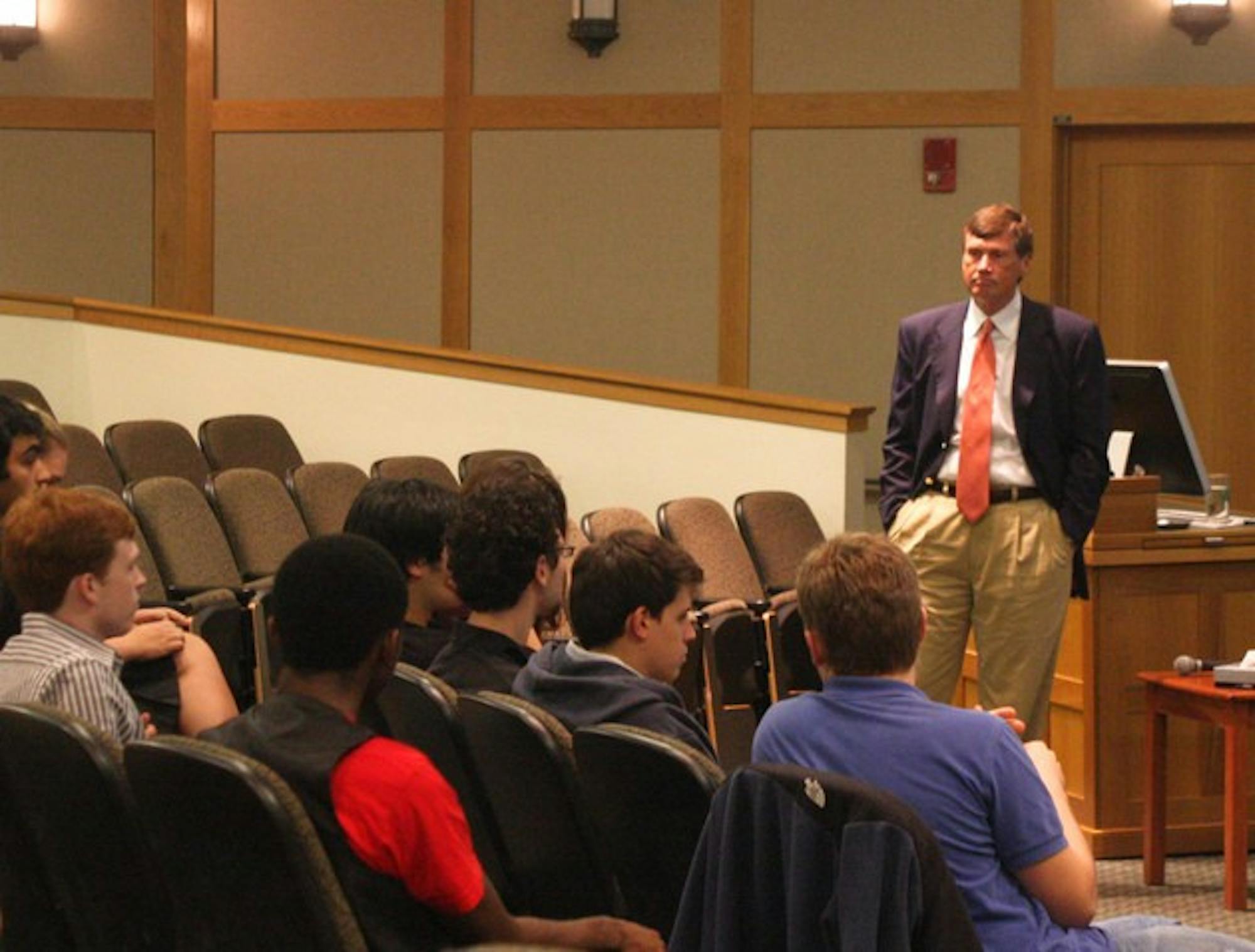 Chairman of the Board of Trustees Ed Haldeman '70 solicits student input on the College presidential search and budget cuts at a forum on Friday.