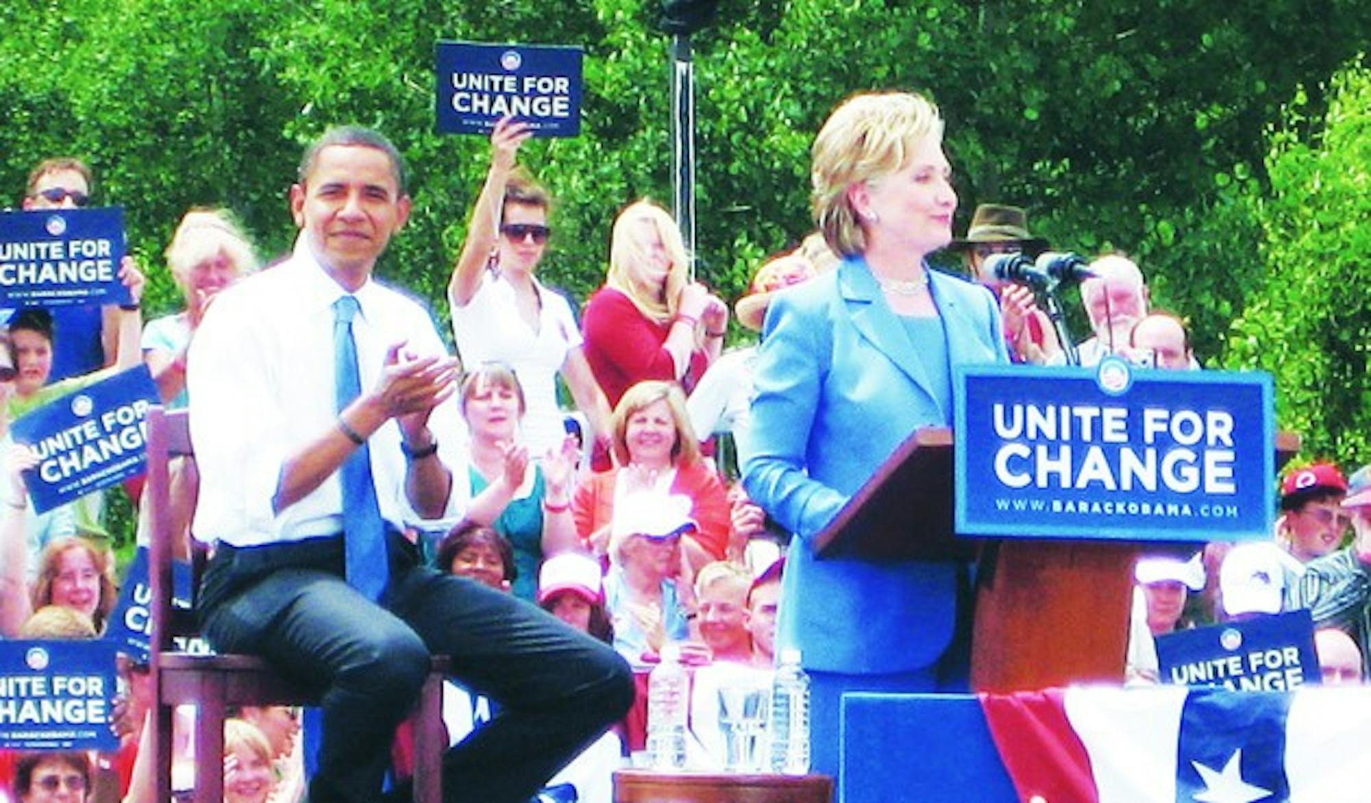 Senators Barack Obama, D-Ill., and Hillary Clinton, D-N.Y., appear together for the first time following their nomination battle in Unity, N.H. on Friday.