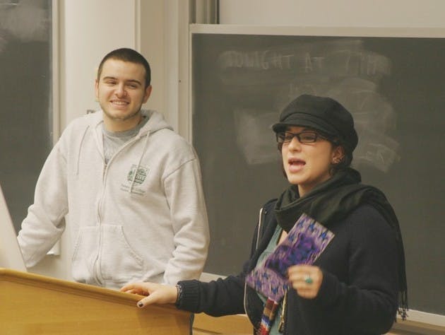Student Body Vice President Jacqueline Loeb '08 addresses the crowd as President Timothy Andreadis '07 looks on at Tuesday's meeting. Assembly members at the meeting voted to make the Ivy Council a standing committee.