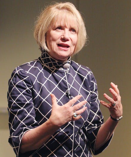 Jetblue executive Ann Rhoades addresses an audience in Cook Auditorium Thursday about the importance of employee-oriented leadership.