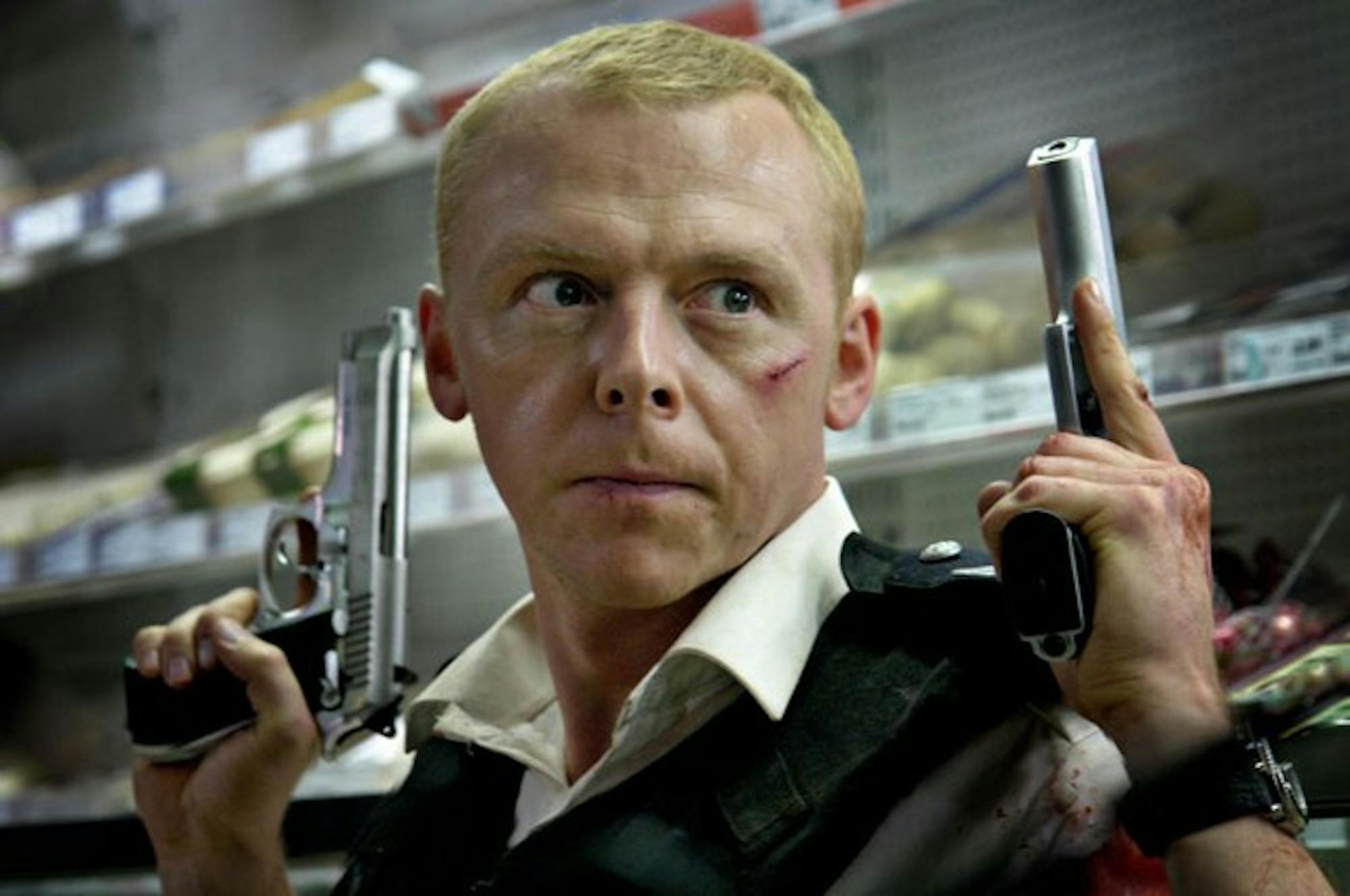 As Nicolas Angel, Simon Pegg shoots up a storm in the hilarious 'Hot Fuzz.'
