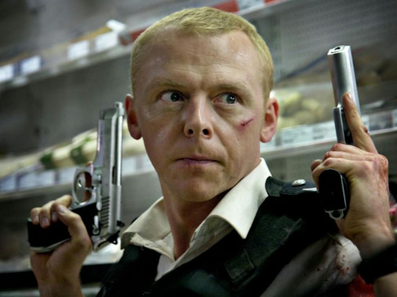 As Nicolas Angel, Simon Pegg shoots up a storm in the hilarious 'Hot Fuzz.'