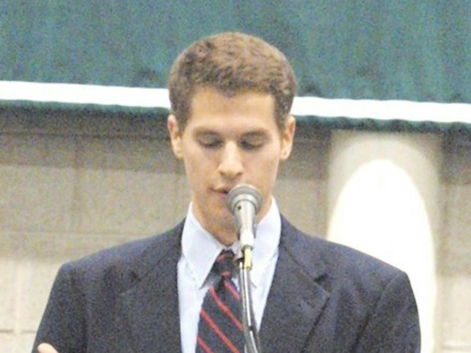 Student Body President Noah Riner '06 delivers a controversial speech at Convocation in September, 2005.