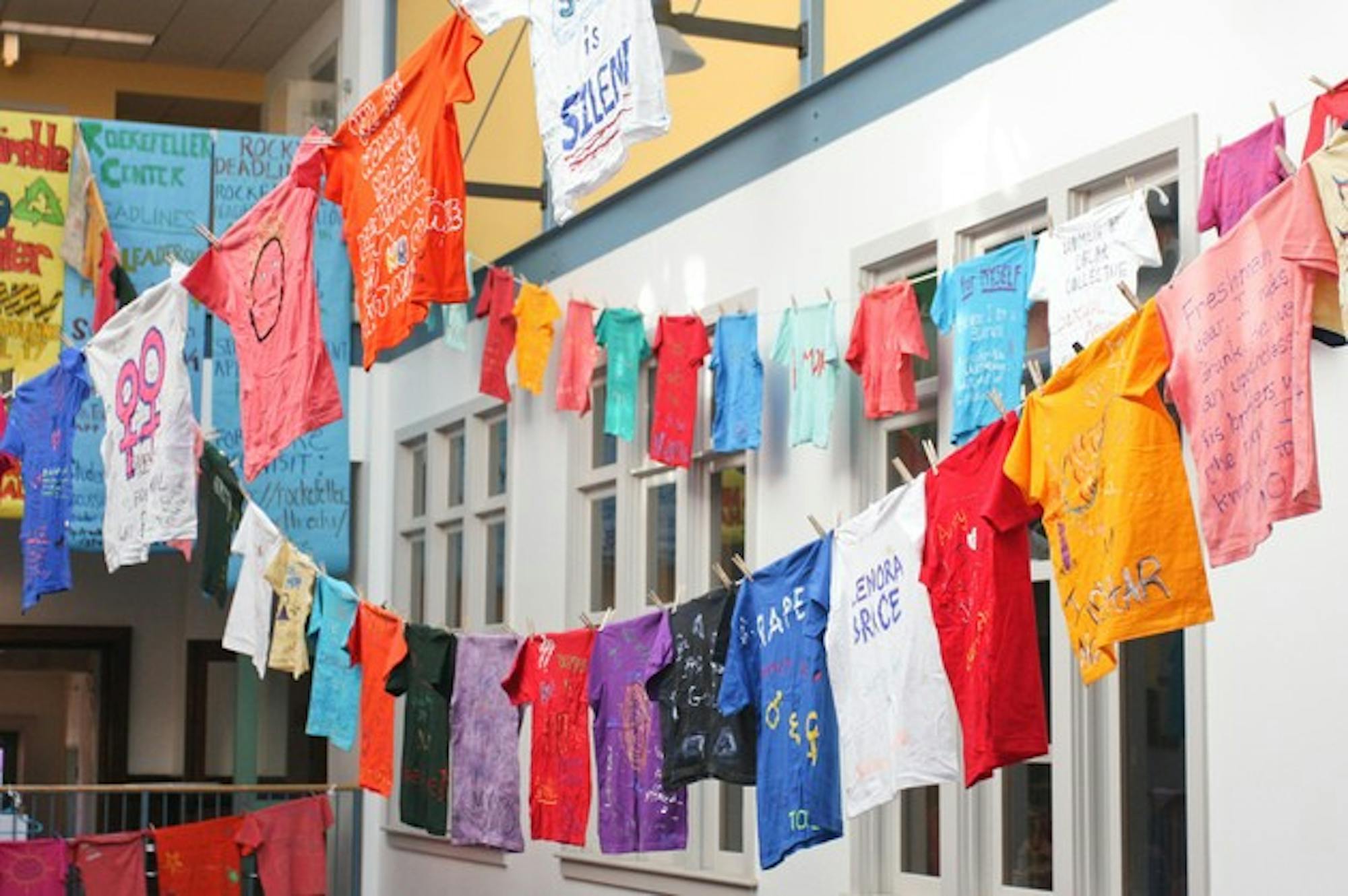 The Clothesline Project in the Collis Center displays tee-shirts students made to speak about their experiences with sexual assault.