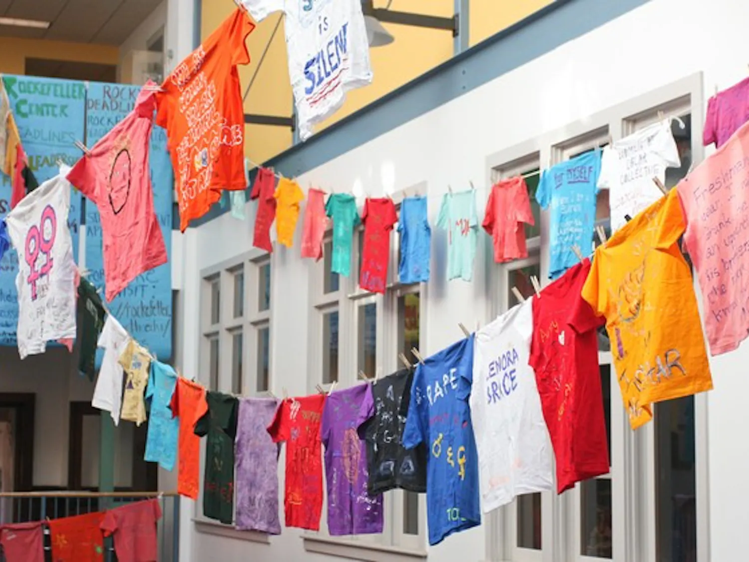 The Clothesline Project in the Collis Center displays tee-shirts students made to speak about their experiences with sexual assault.