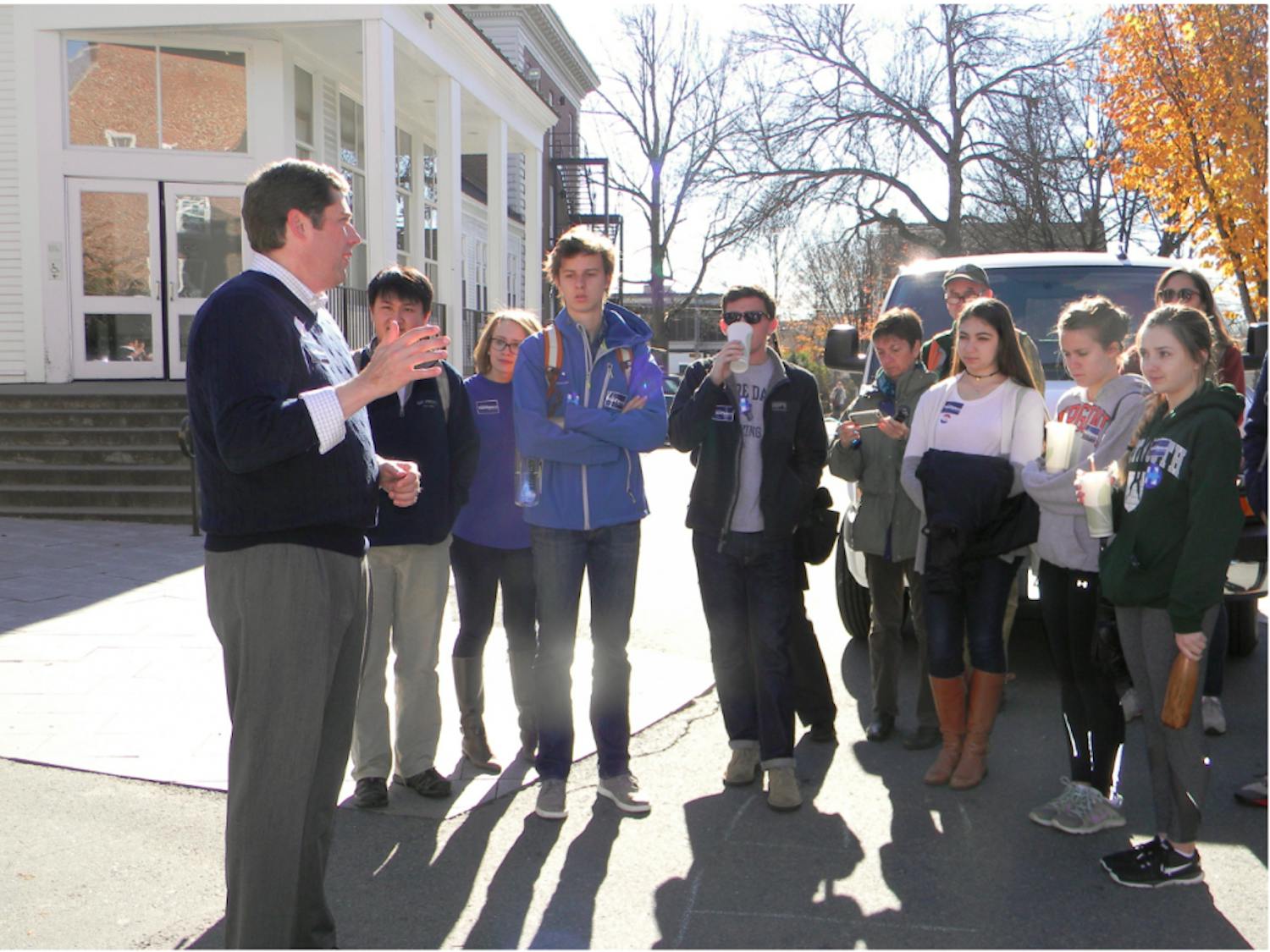 Colin Van Ostern Tu'09 campaigns outside the Collis Center on Election Day in a last-minute appeal to student voters.&nbsp;