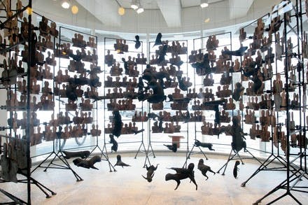Stina Kohnke's installation at the Hop's entrance features squirrel-like animals surrounded by silhouette cut-outs.