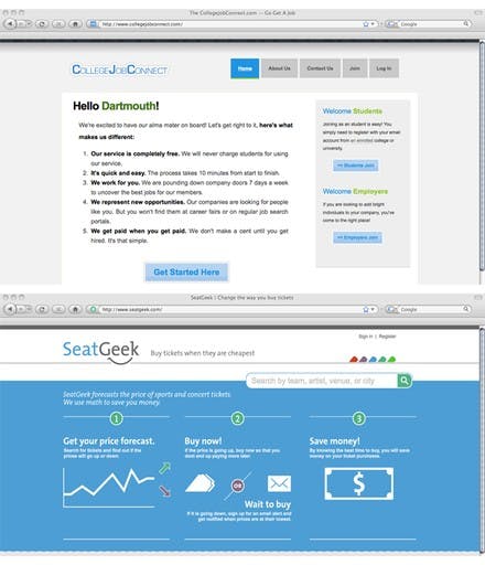 SeatGeek and CollegeJobConnect were recently launched by alumni as practical solutions to common problems.