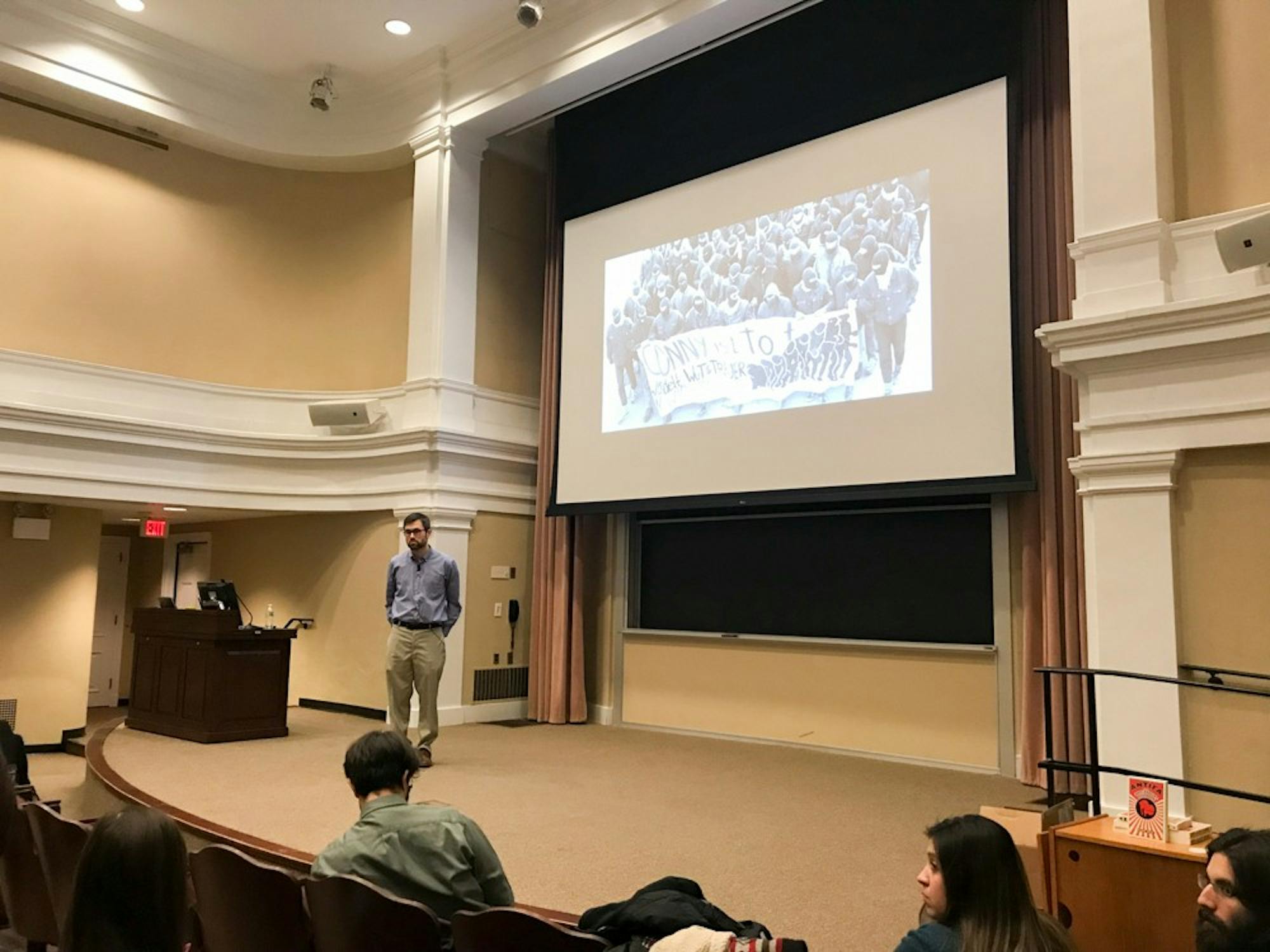 Anti-fascism scholar and history professor Mark Bray gave a talk on Thursday in Dartmouth Hall.