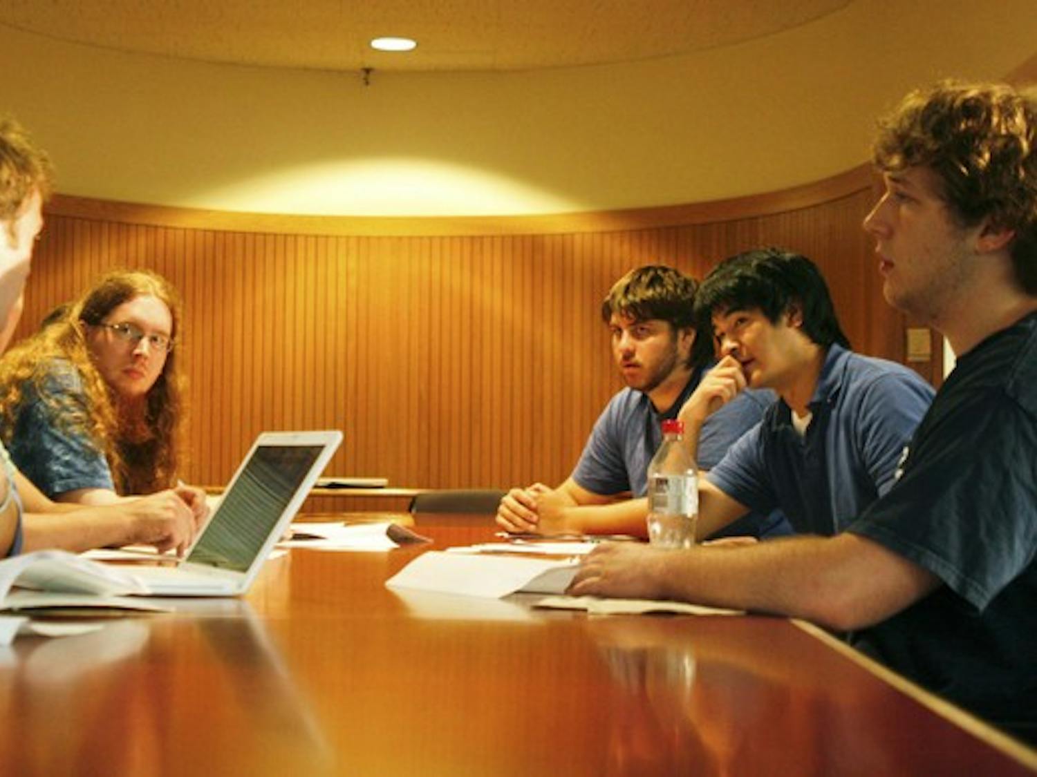 Dartmouth College Democrats discuss plans for their fall strategy in Morrison Commons.