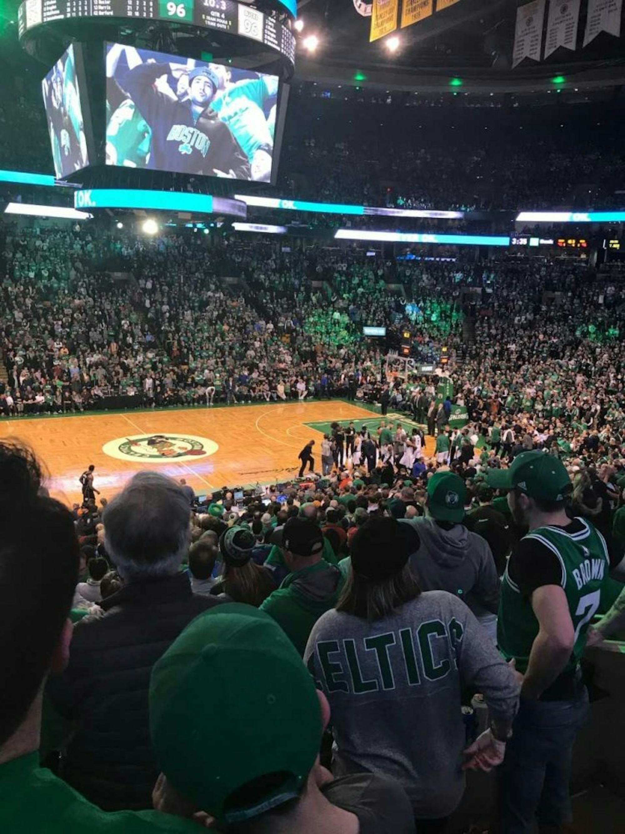 Boston Celtics fans look out over TD Garden during a battle against the Milwaukee Bucks on Apr. 15, 2018.