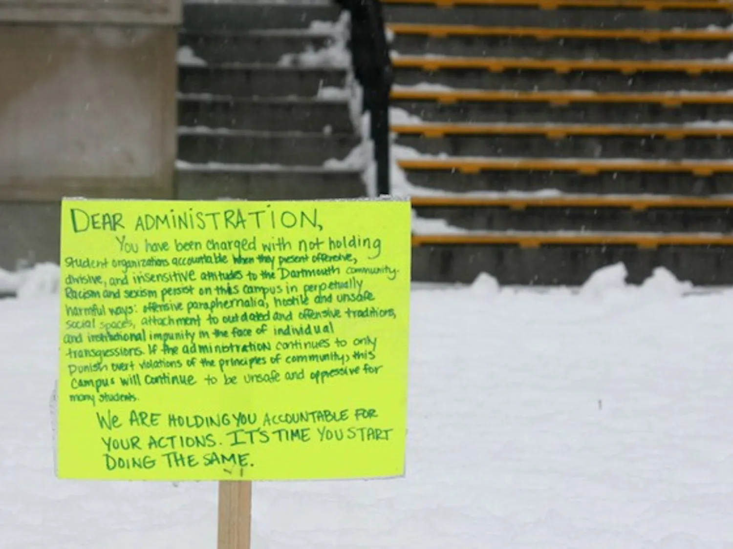 A sign similar to that posted outside Psi Upsilon fraternity was place outside Parkhurst administration building.