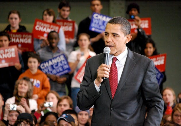 Sen. Barack Obama, D-Ill., spoke to a student-dominated crowd Tuesday morning shortly after polls opened for the New Hampshire primary.