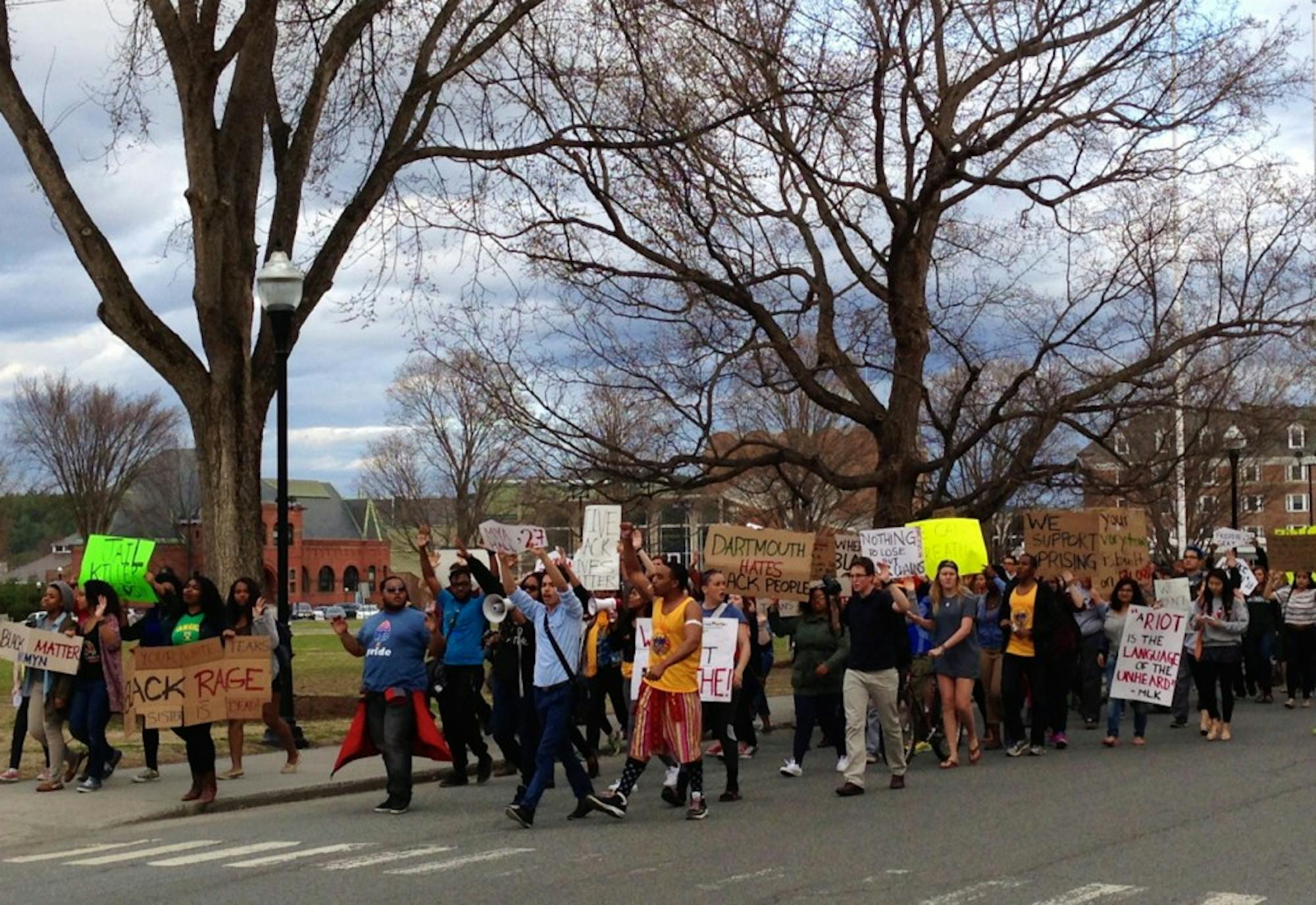 Roughly 150 students marched around campus in response to recent events in Baltimore.