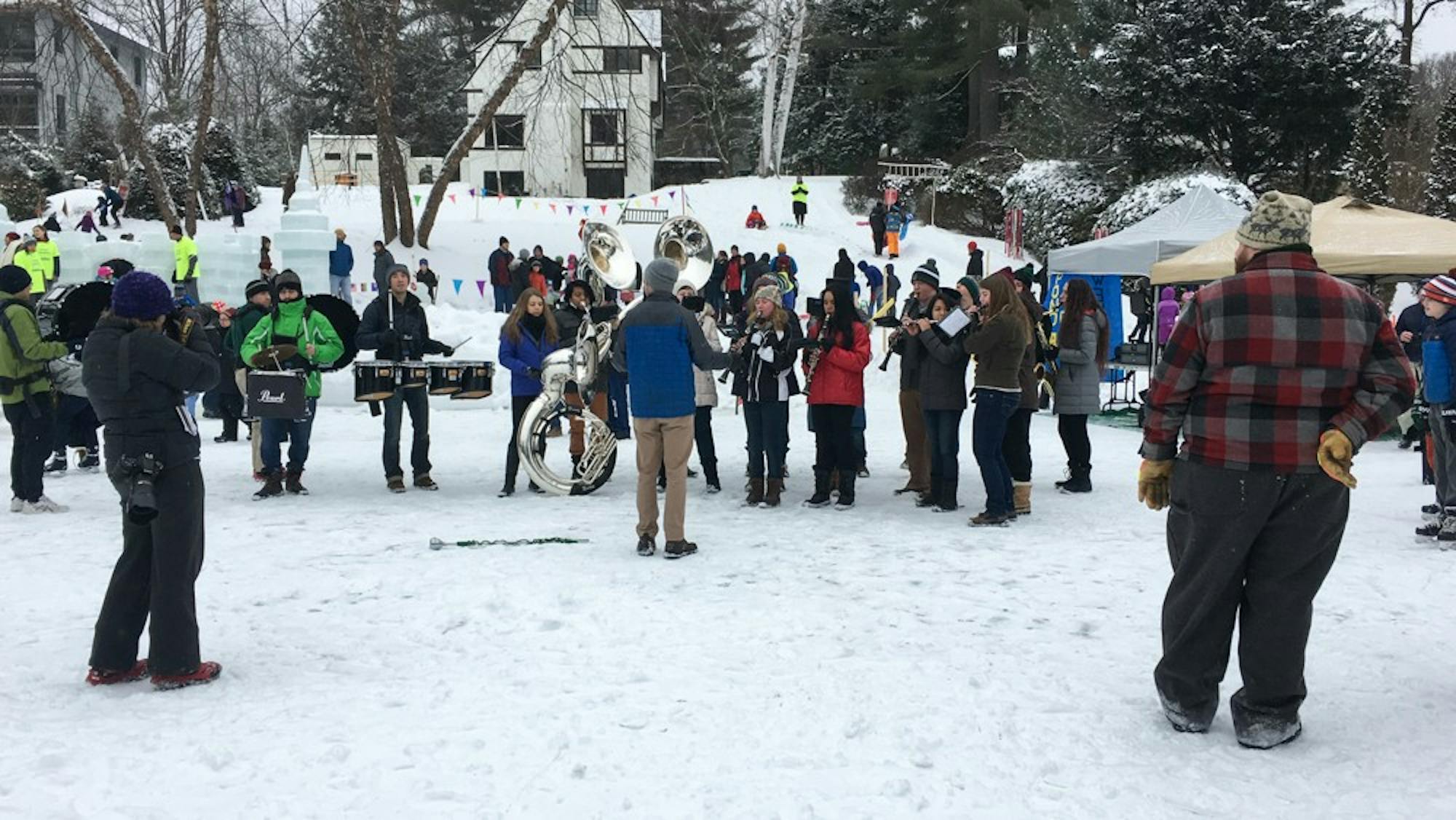 The Dartmouth College Marching Band performed on the Green for this year's Winter Carnival.
