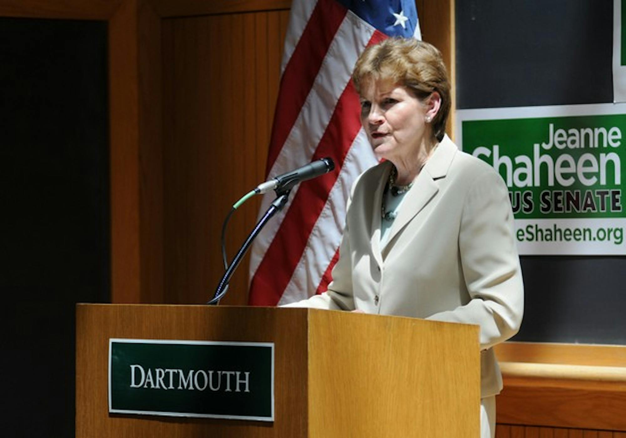Former New Hampshire Governor and current Democratic candidate for Senate Jeanne Shaheen spoke in Hinman Forum on Monday.
