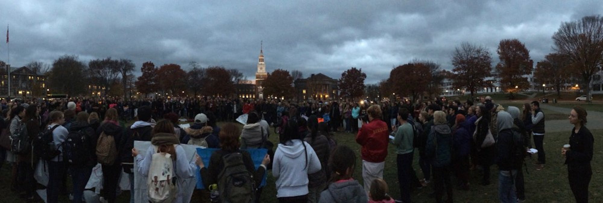 Around 300 students, faculty and Upper Valley community members gather on the Green to express solidarity against the election of Donald Trump