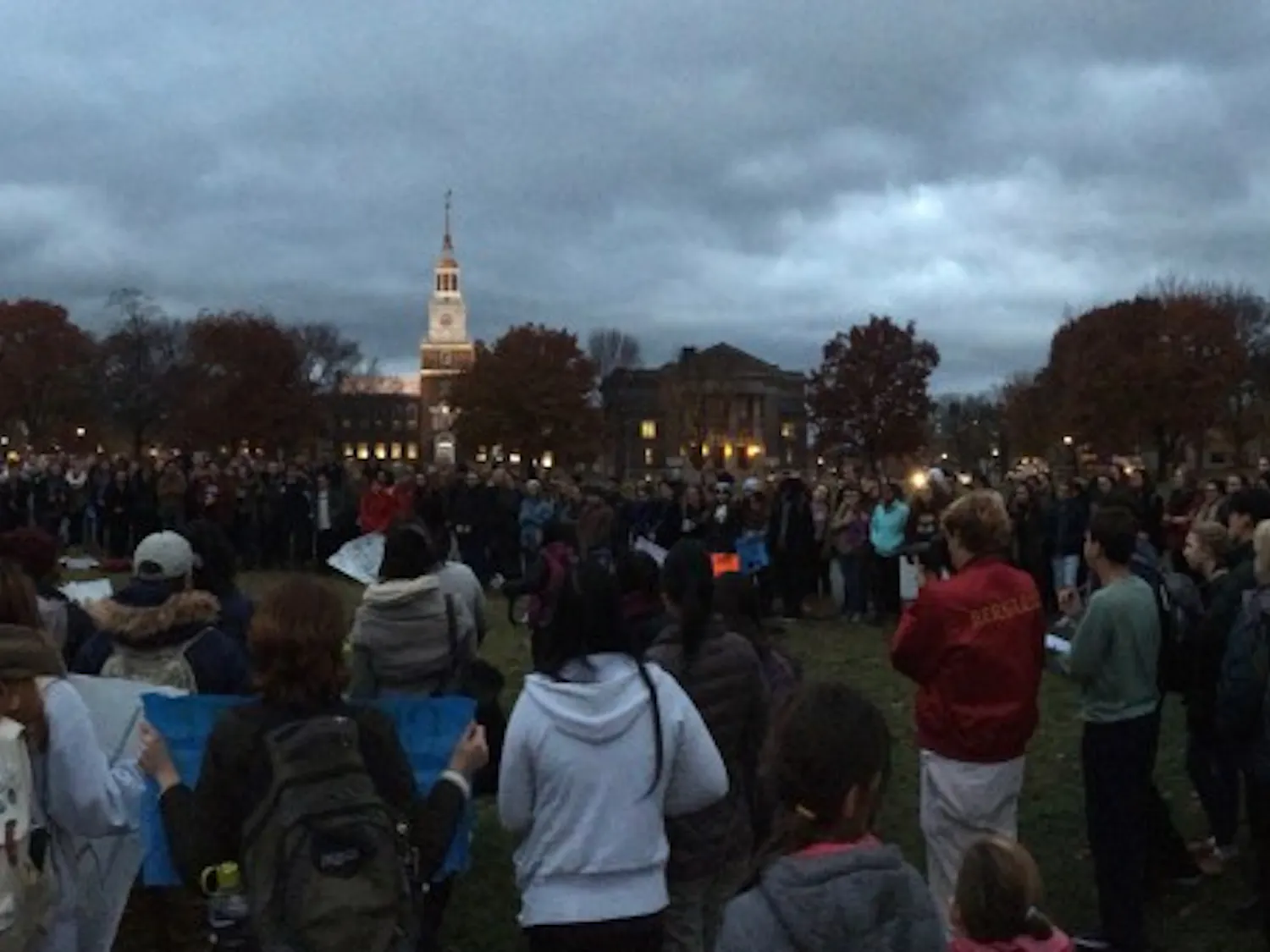 Around 300 students, faculty and Upper Valley community members gather on the Green to express solidarity against the election of Donald Trump