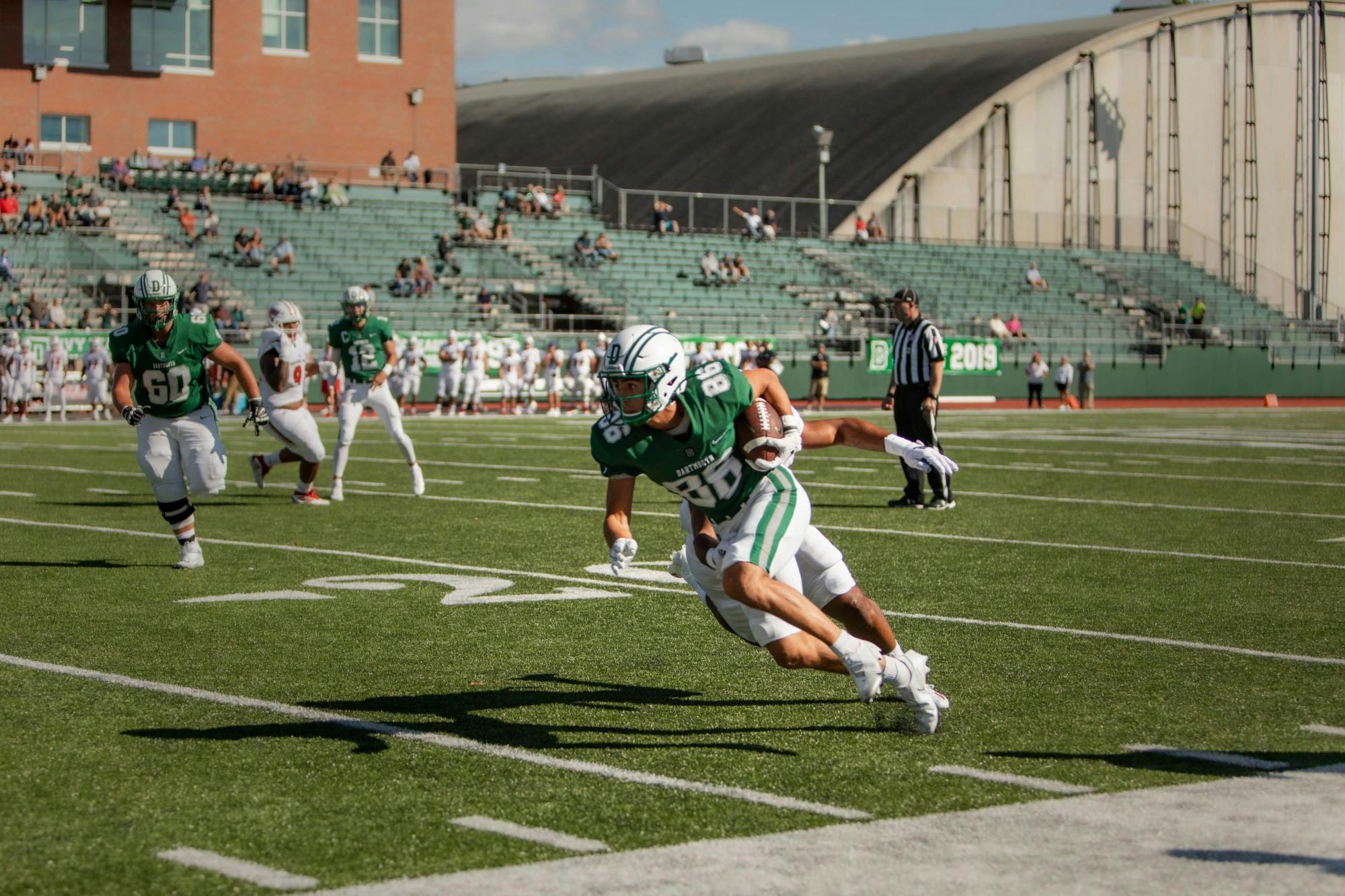 Paxton Scott '24 scored Dartmouth's first touchdown on Saturday. Through two weeks, he now has 10 catches for 95 yards and two scores.