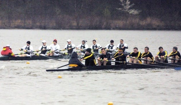 After warming up with the novice team, the men's varsity lightweight rowers swept Delaware at Mercer County Lake.