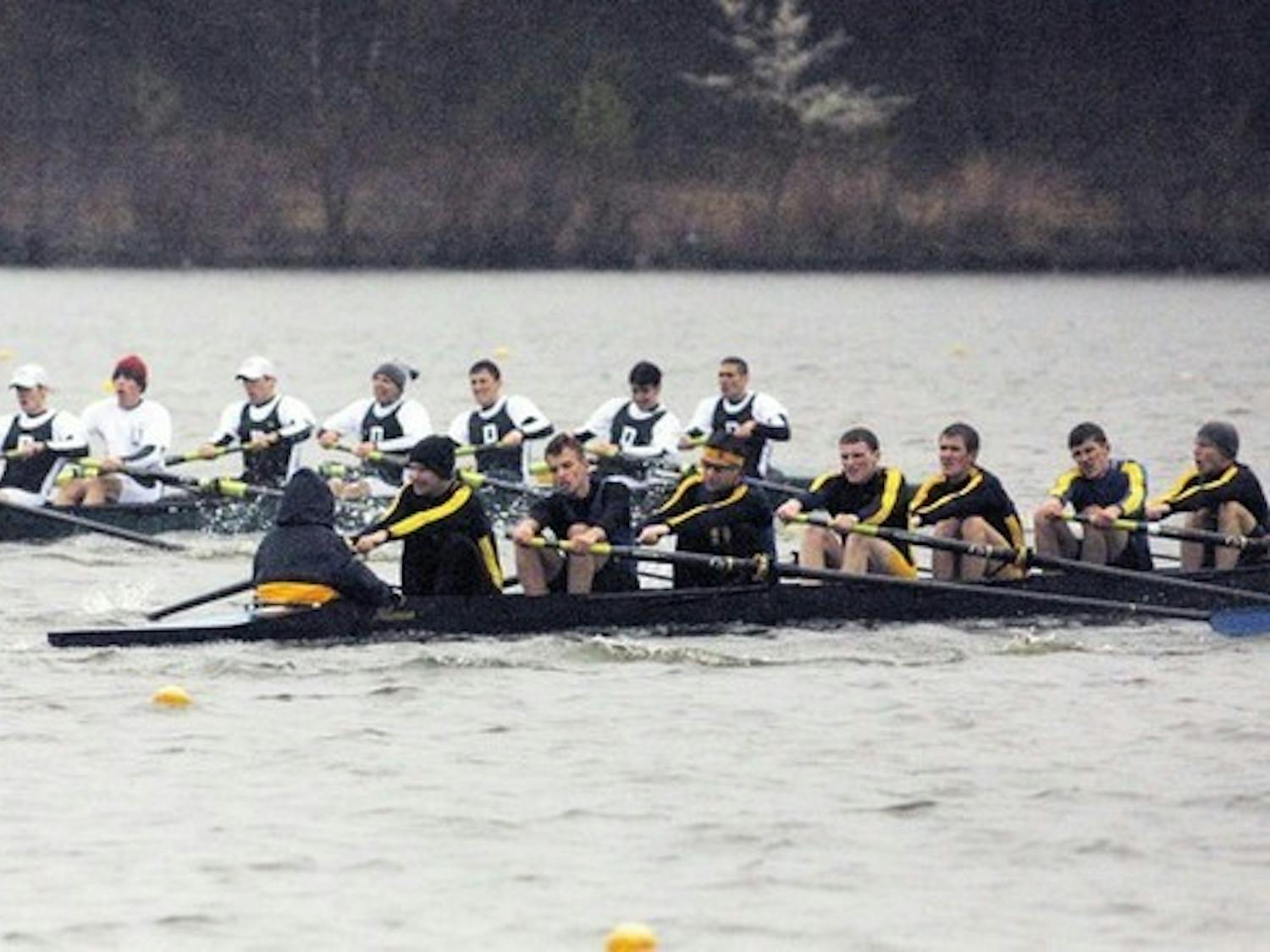 After warming up with the novice team, the men's varsity lightweight rowers swept Delaware at Mercer County Lake.