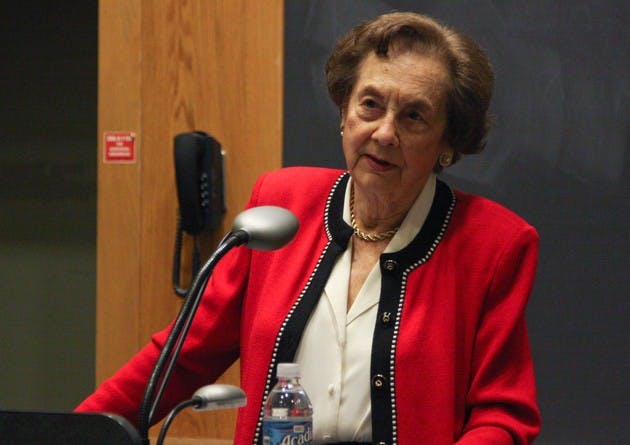Carola Eisenberg, founder of Physicians for Human Rights, encourages students to volunteer for her organization's chapter at Dartmouth Medical School at a presentation Wednesday evening in the Rockefeller Center.