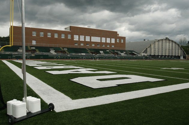 Floren Varsity House is now close to completion, standing next to a newly resurfaced football field.