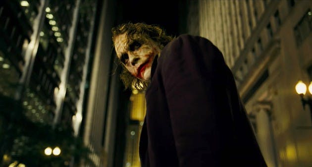 Heath Ledger, now deceased, stars as the deeply disturbing Joker in the record-breaking box office hit 