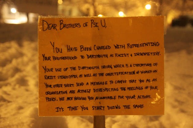 This sign outside Psi Upsilon fraternity was one of several posted outside Greek organizations' physical plants and Parkhurst administration building.