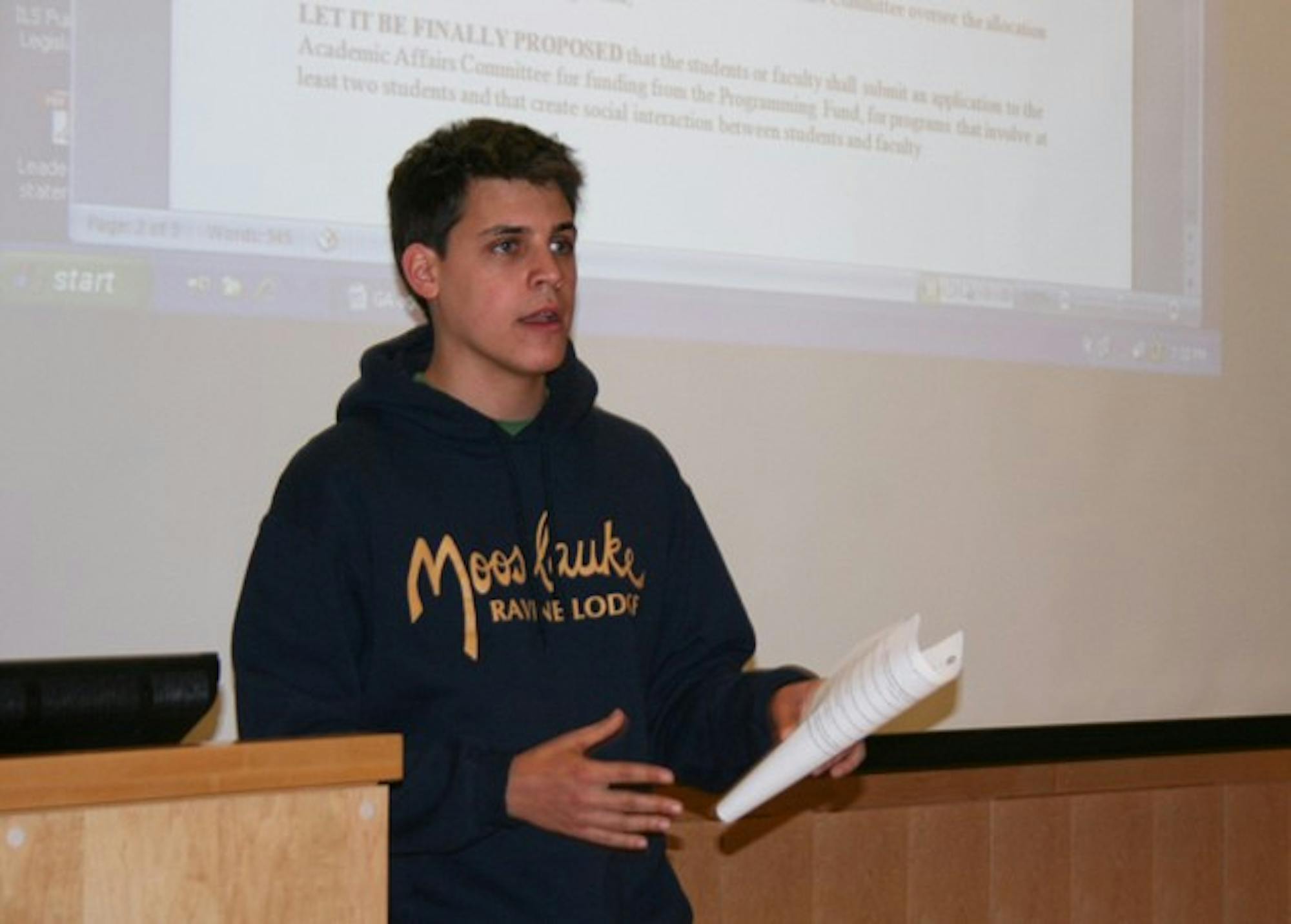 David Nachman '09, vice president of Student Assembly's academic affairs committee, speaks at the Assembly's meeting Tuesday night.