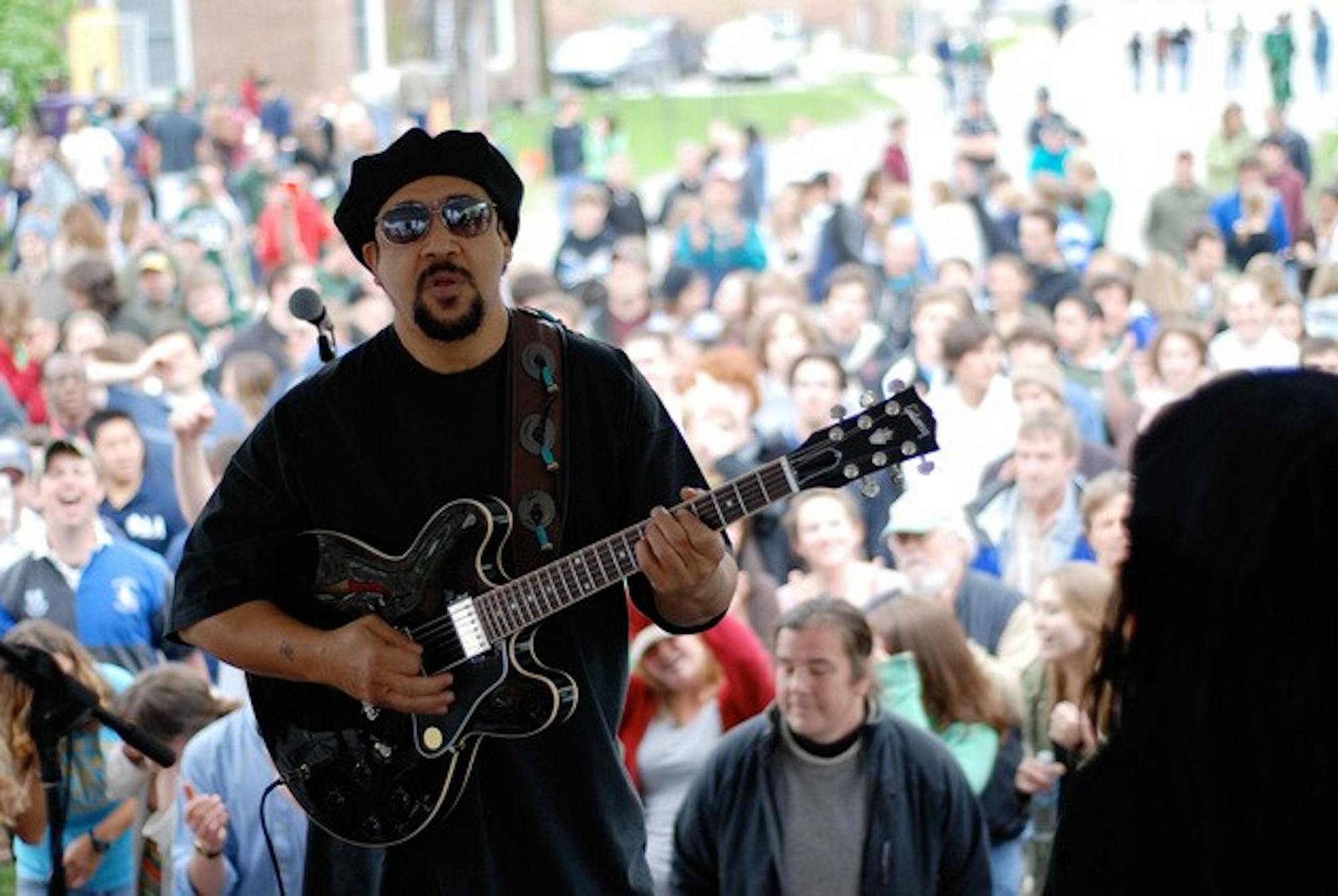 Leo Nocentelli plays to an enthusiastic crowd in front of Phi Delta Alpha fraternity at the Block Party on Friday afternoon.