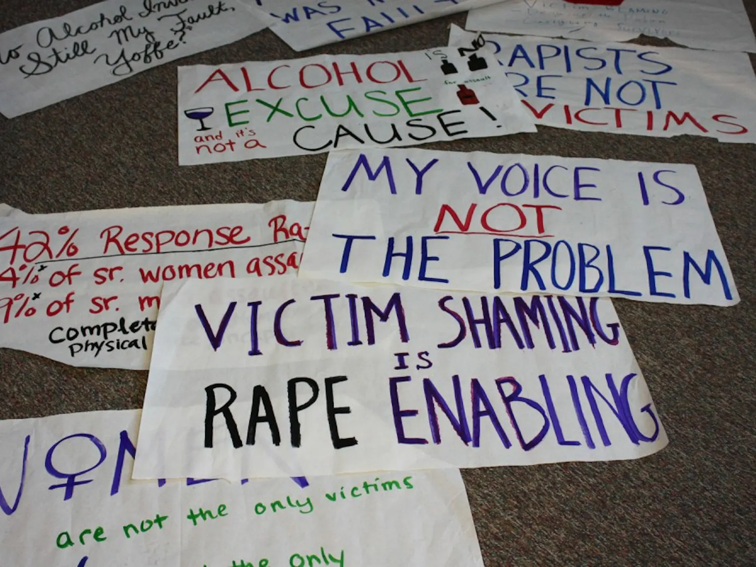 Students held signs with messages for speaker Emily Yoffe as part of a silent protest of her beliefs on rape and culture.
