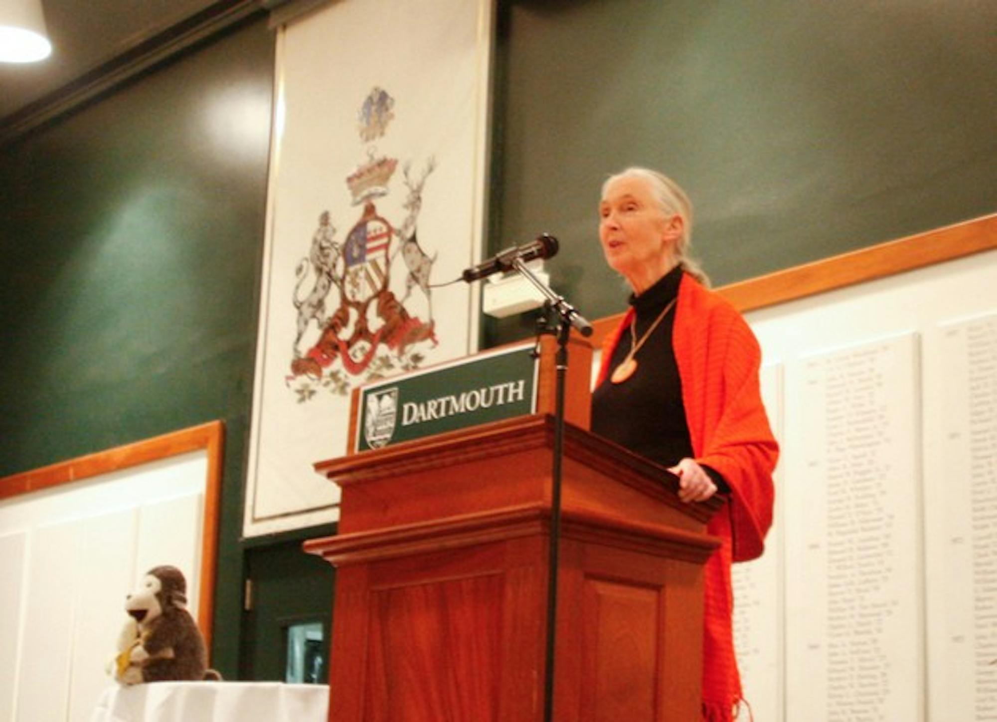 World-renowned primatologist Jane Goodall addresses an overflowing crowd Tuesday with her speech on inspiration in the face of suffering.