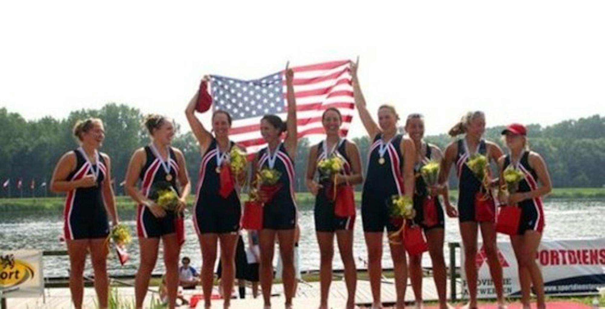 The U.S. women's eight celebrate after a memorable win in Belgium.